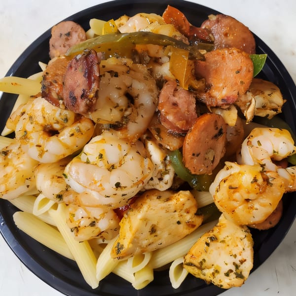 Cajun pasta with shrimp, chicken, sausage, and bell peppers in a black bowl.